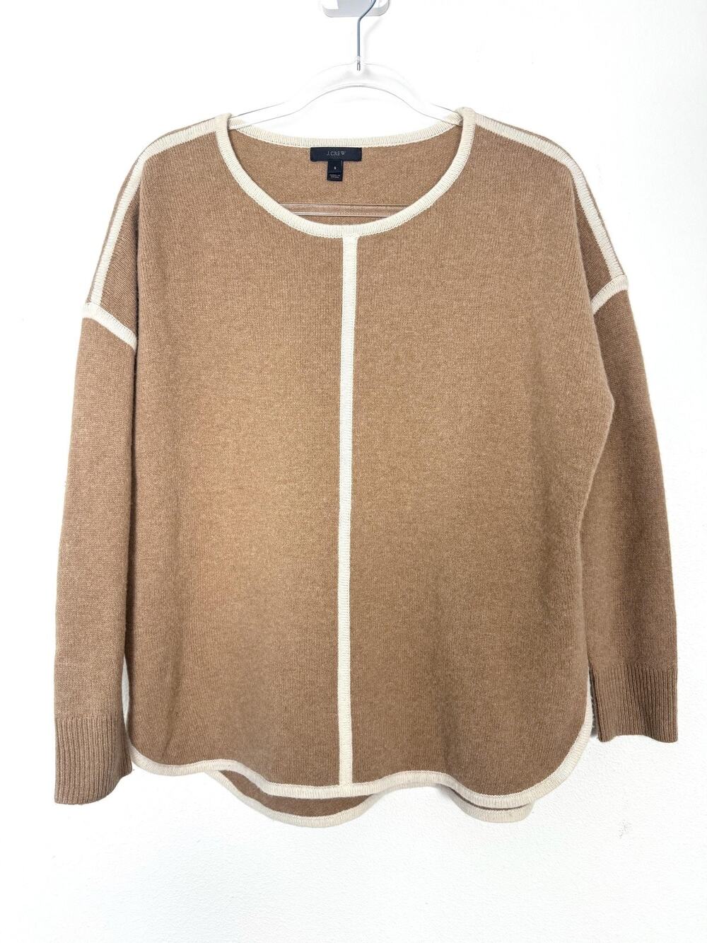 J.Crew Sweater Womens Small Tan White 100% Wool Relaxed Contrast Seam Crewneck